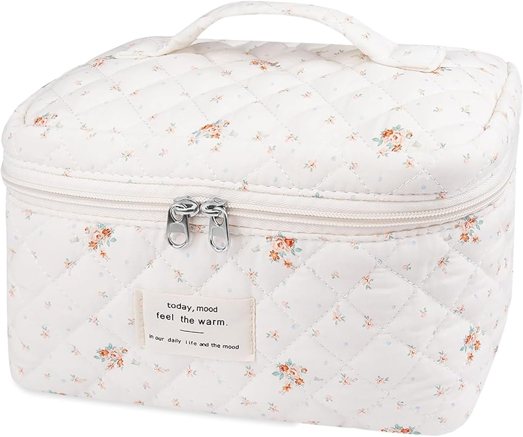 MAYCREATE® Makeup Bag for Women Quilted Cotton Make Up Bag Travel Large Cosmetic Organizer Floral Toiletry Bags Makeup Pouch for Purse-White MAYCREATE® Makeup Bag for Women Quilted Cotton Make Up Bag Travel Large Cosmetic Organizer Floral Toiletry Bags Makeup Pouch for Purse-White